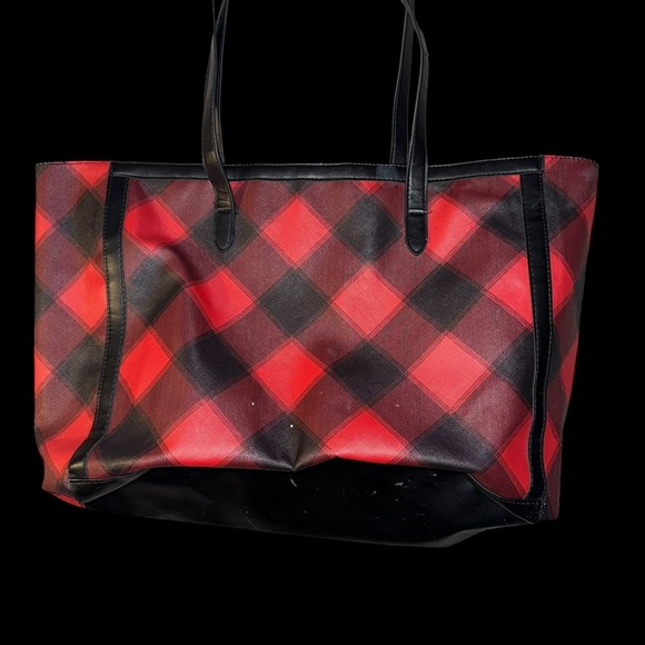 Victoria Secret women's tote purse plaid black red Large faux leather - Picture 3 of 6